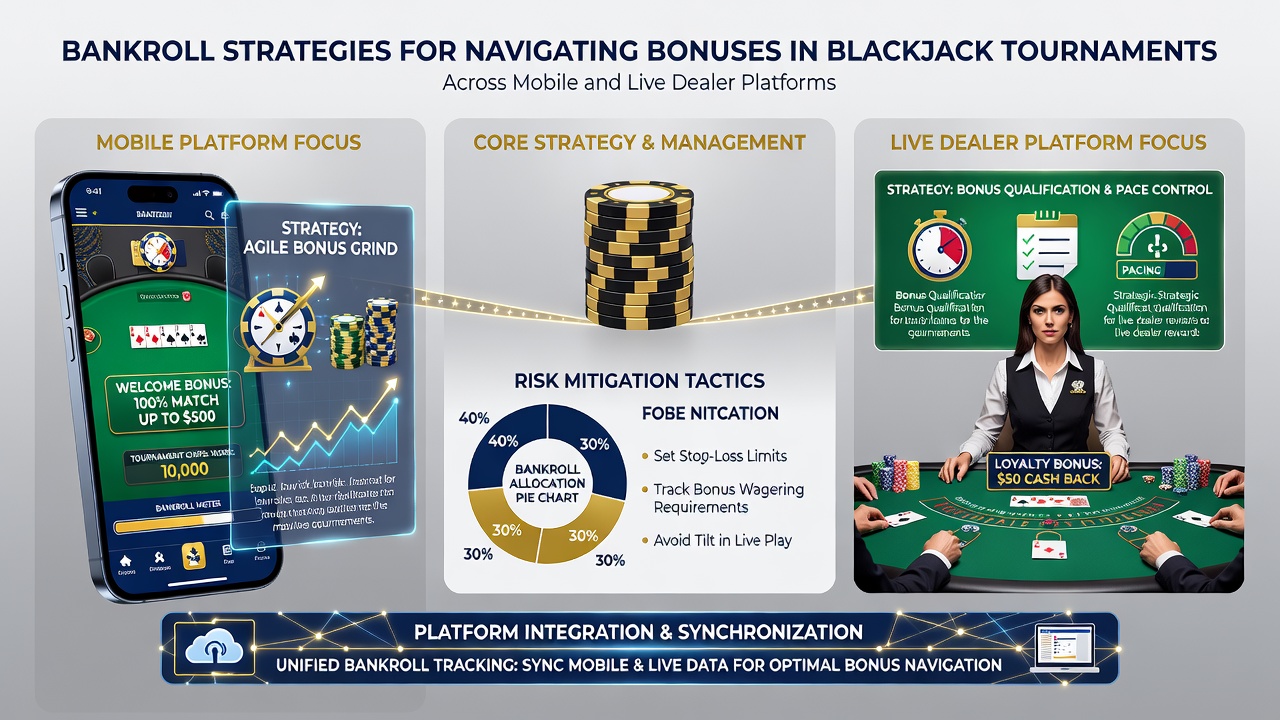 Split view of mobile blackjack app interface and live dealer blackjack table with chip stacks